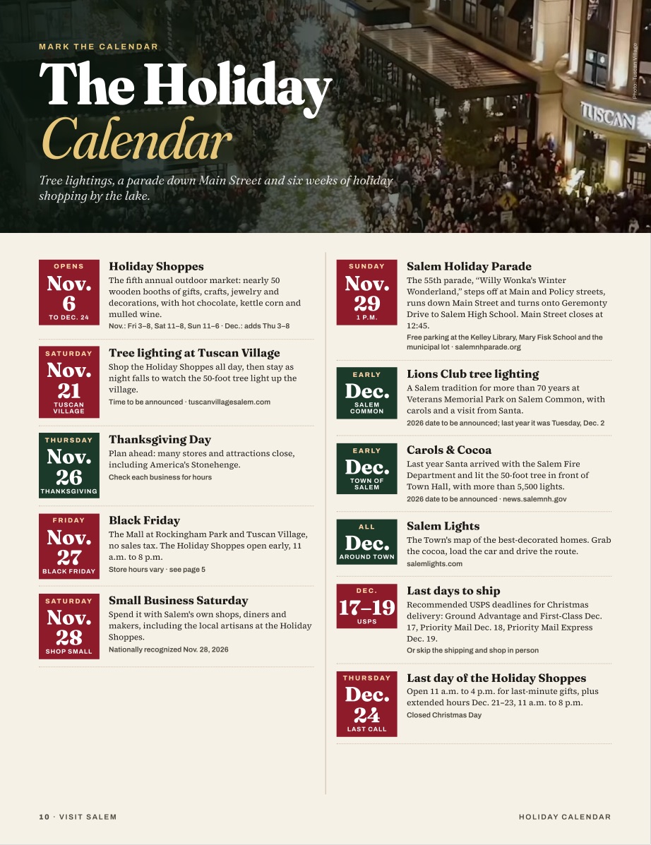 The holiday calendar page