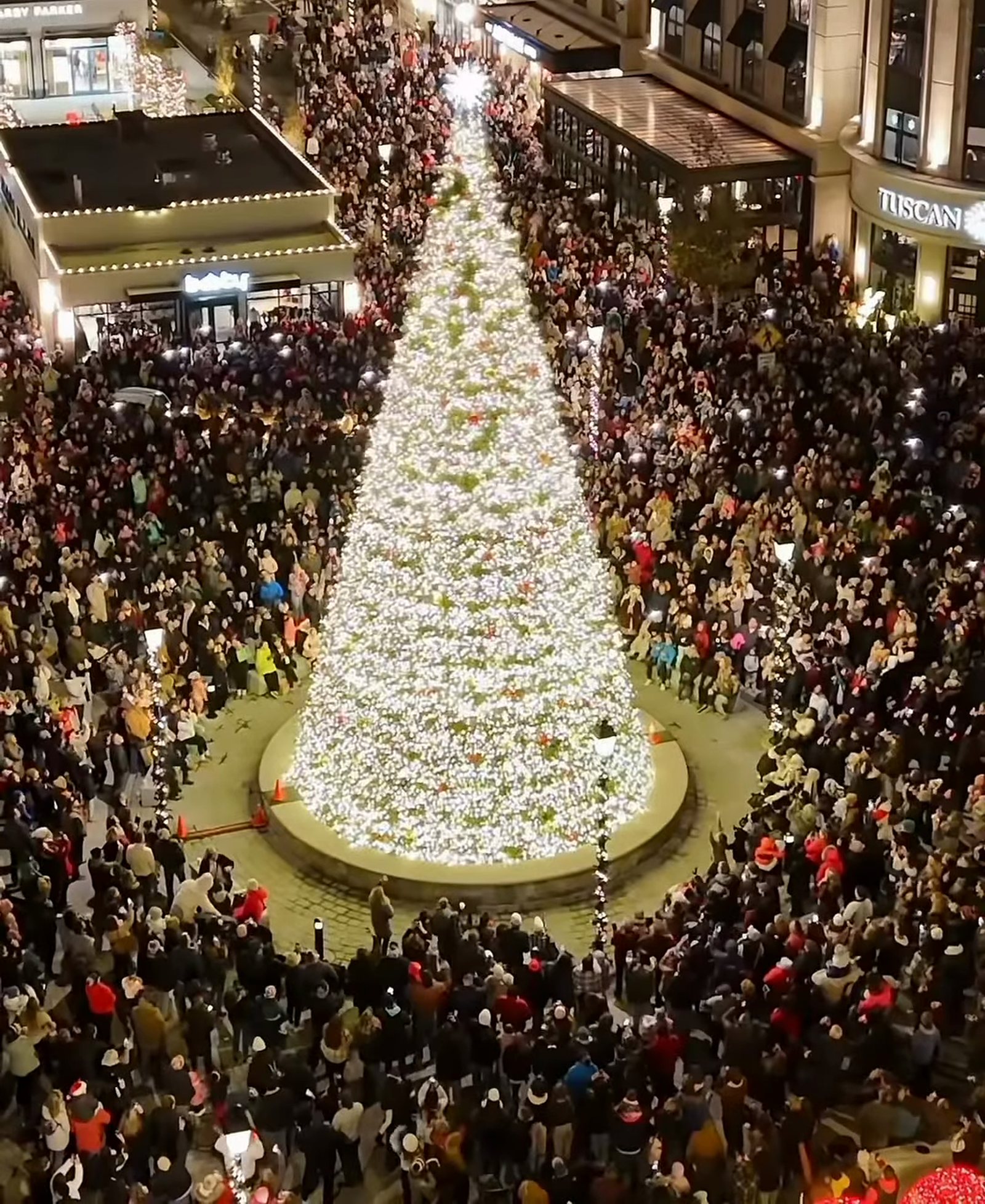 Tuscan Village’s 50-foot tree lit in the center square, ringed by a crowd, at the 2025 tree lighting